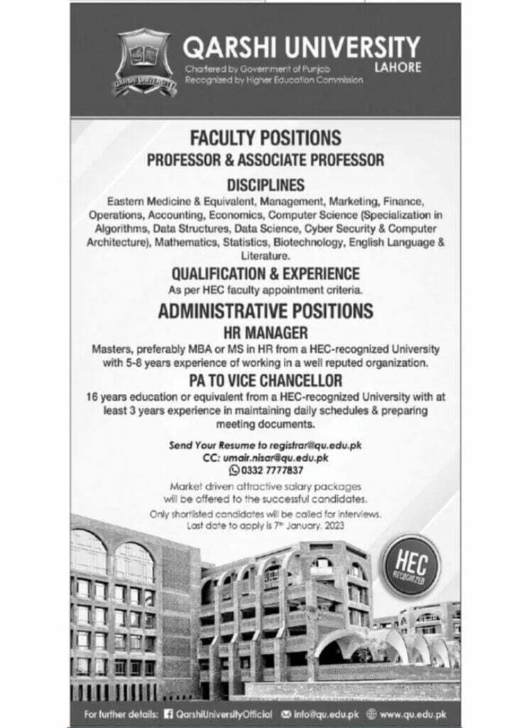 Qarshi University Lahore Jobs 2023