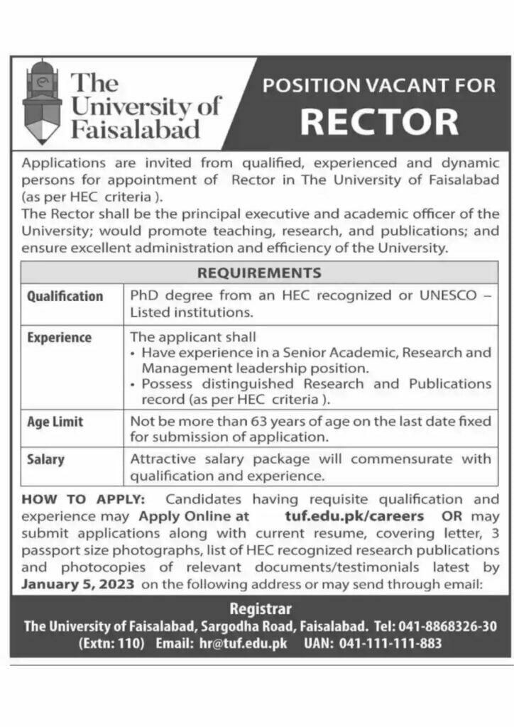 University of Faisalabad Jobs 2023