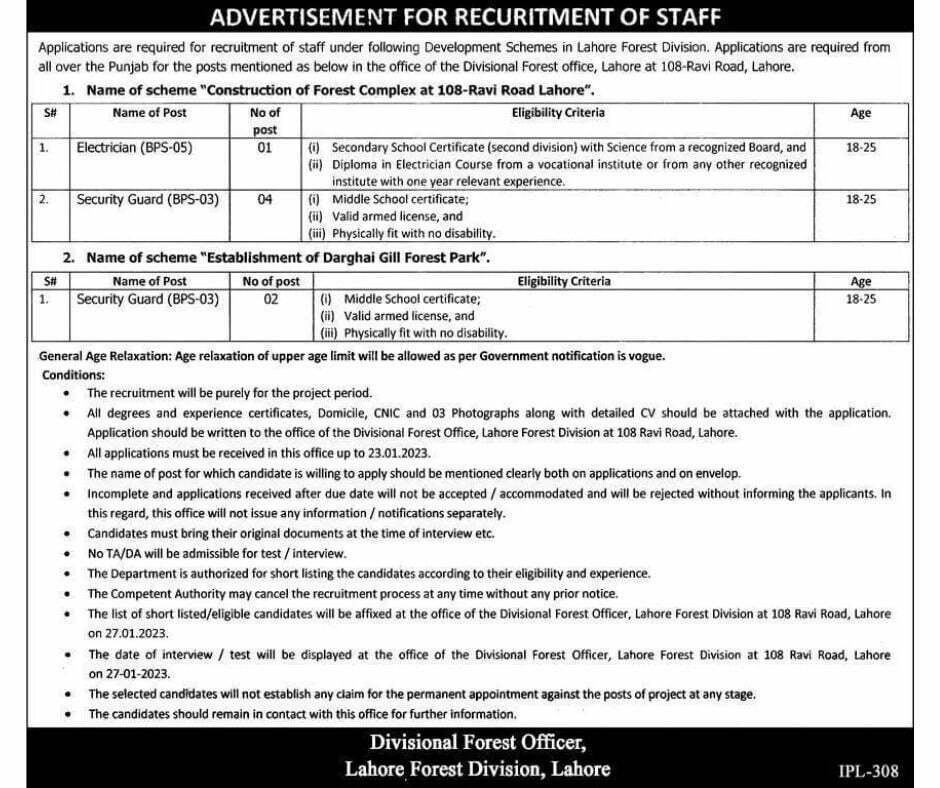 Lahore Forest Divisions Jobs 2023 advertisement