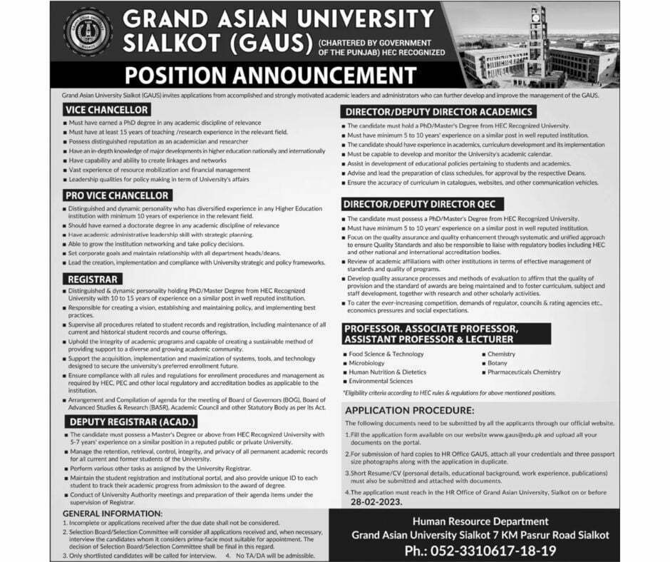Grand Asian University Sialkot Jobs