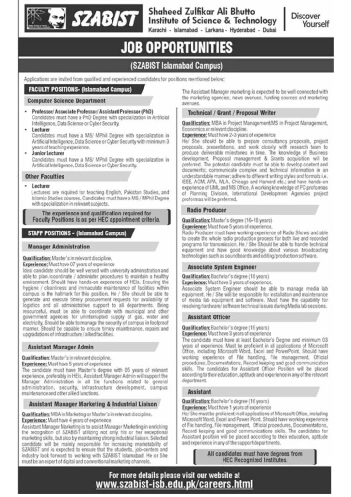 SZABIST Islamabad Jobs