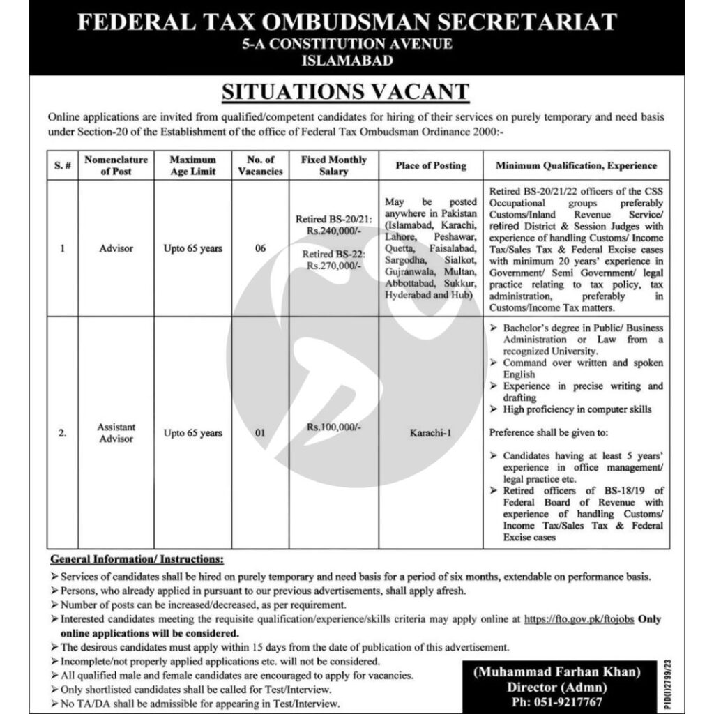 Federal Tax Ombudsman Secretariat Jobs