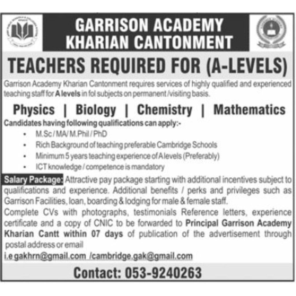 Garrison Academy Kharian Cantt Jobs