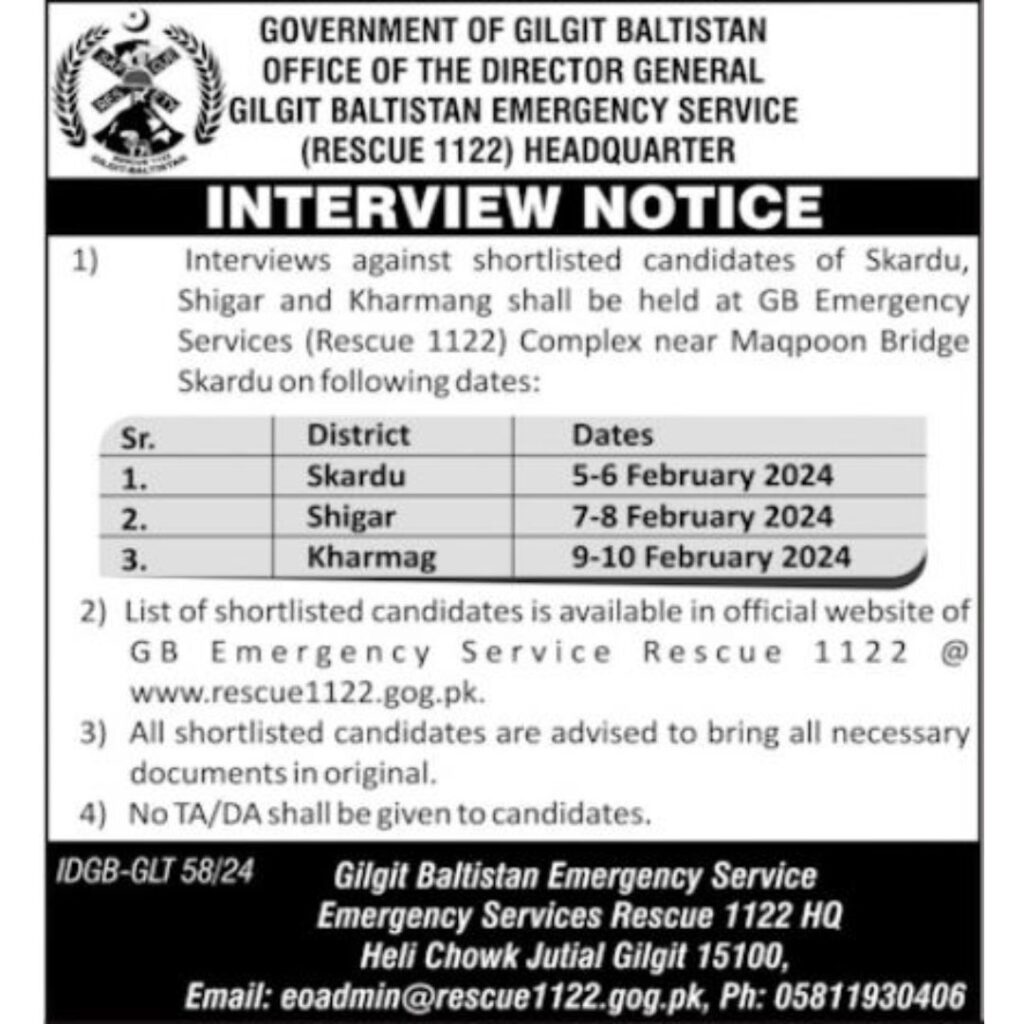 Gilgit Baltistan Rescue 1122 Jobs